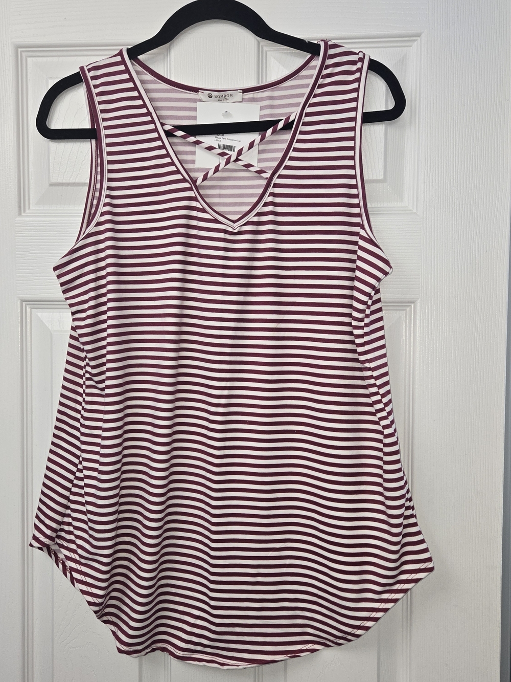 NWT BomBom White & Burgundy Striped V-Neck Tank with Crisscross Detail; Size L